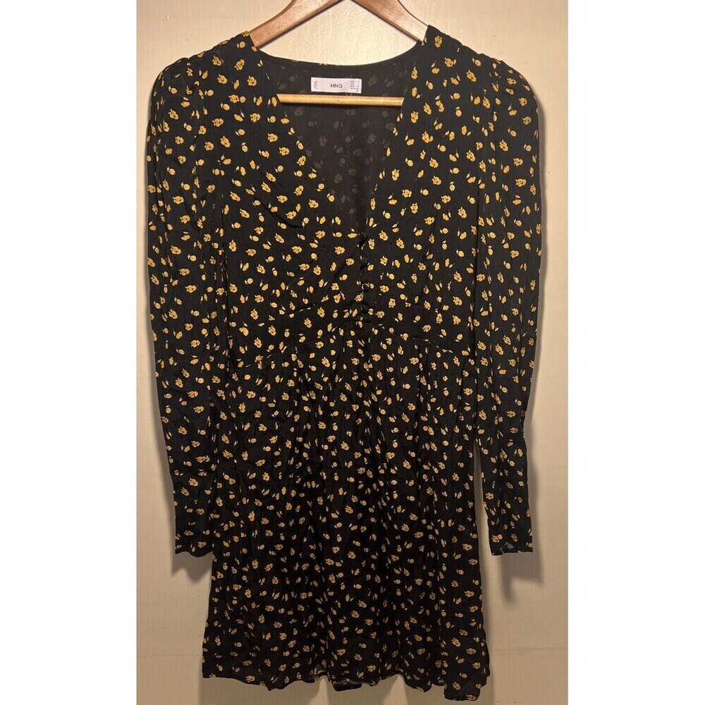 EUC MNG Womens Mini Dress 4 Black Yellow Floral Long Sleeve by Mango